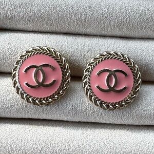CHANEL Pink and Gold button Logo Earrings